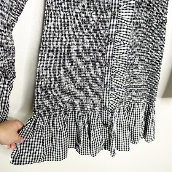 J Crew Black White Smocked Gingham Mini dress Ruffle Sleeves Small NEW - Picture 5 of 8